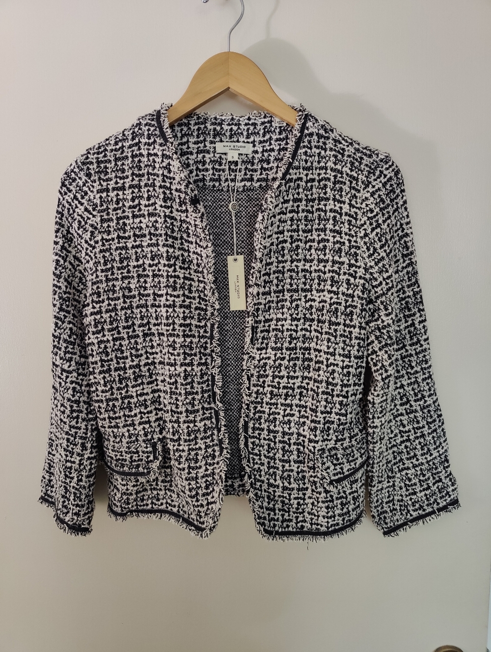 Max Studio Navy & White Tweed Open Front Jacket